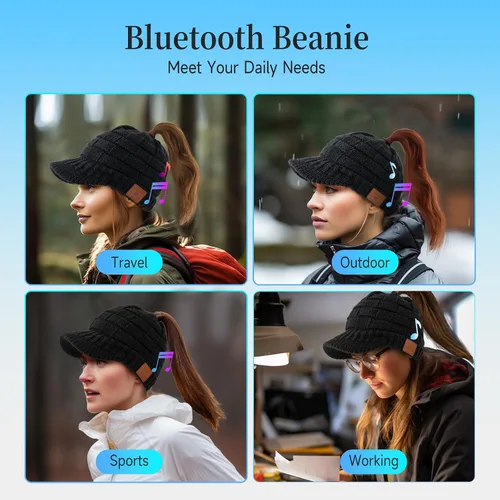Vista 4 de Gorro Bluetooth para mujer con agujero para cola de caballo, gorro con auriculares integrado, micrófono integrado, regalos para mujer, W2-negro