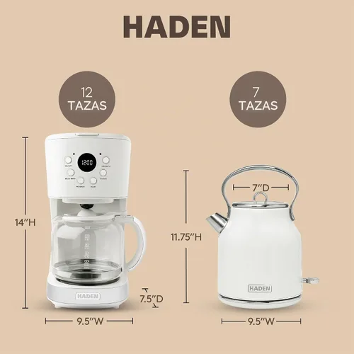 Vista 5 de Máquina de café HADEN, cafetera de goteo de 12 tazas que incluye hervidor eléctrico de acero inoxidable Heritage de 1.7 litros, color marfil y cromo