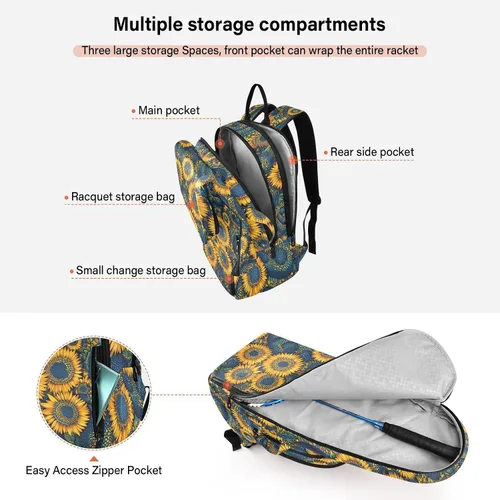Vista 5 de Tennis Badminton Backpack Water Resistant Ukraine Sunflower Flowers 2 Rackets Padded Tennis Bag Gym Bag for Men Women Tennis Sport bolso