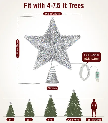 Vista 6 de Luxspire Estrella Superior para Árbol de Navidad, Luces LED de Metal con Purpurina 3D para Decoraciones Navideñas, Operada con Control Remoto y USB