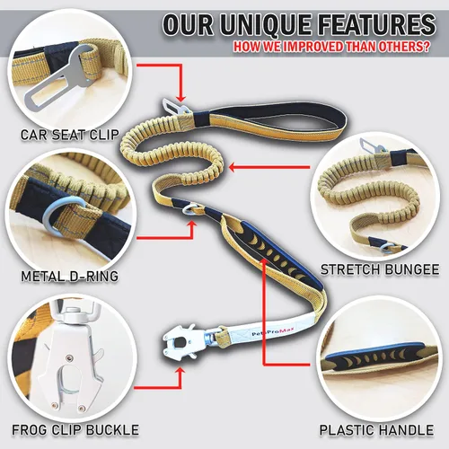 Vista 3 de PetsProMax - Correa táctica para perro, correa elástica resistente con clip de metal para cinturón de seguridad de automóvil y hebilla de rana