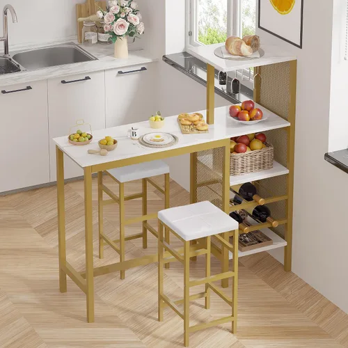 Vista 10 de VECELO Juego de mesa y sillas de bar para 2, juego de comedor de 3 piezas con estantes de almacenamiento, portavasos y estante para vinos, taburetes