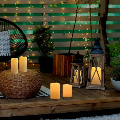 Vista 4 de juego de 2 velas sin llama impermeables para exteriores de 10" x 5", operadas por baterías, LED parpadeantes, velas pilar con control remoto