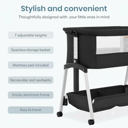 Vista 8 de Dream On Me Calypso - Cuna portátil plegable, color negro 7-Level Height Adjustable with Lockable Wheels, Aluminum Frame, Dual-Zone Storage Basket