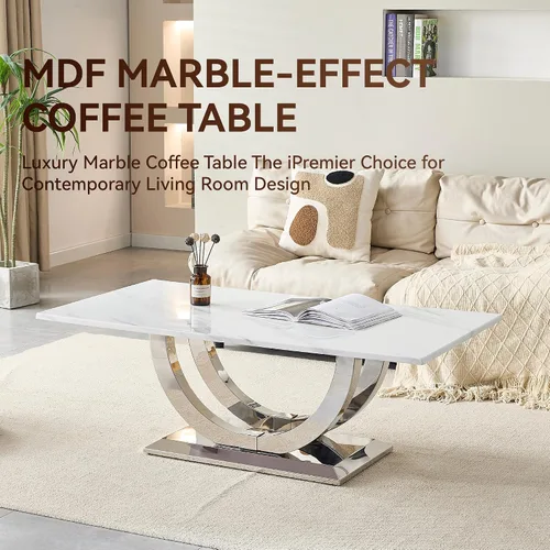 Vista 5 de Mesa auxiliar moderna de 50.4 pulgadas, mesa central de mármol sintético blanco con base de acero inoxidable en forma de U plateada, mesa de cóctel