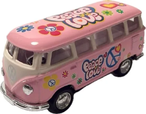 Vista 3 de KiNSMART 1962 Volkswagen Classic Hippie Love & Peace Bus 1:64 Escala 2.5 pulgadas, llavero modelo de metal fundido a presión, acción de retroceso