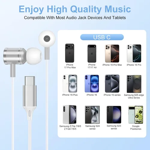 Vista 7 de Auriculares S25 Ultra USB C con cable para Samsung Galaxy S25 S24 S23 A16 A26 A36 A56, USB tipo C con micrófono, auriculares USBC para Google Pixel