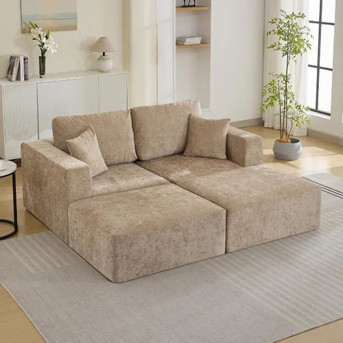 Vista 24 de WUTUTUEE Sofá modular en forma de U de 115 pulgadas, sofá modular modular de 3 plazas con 2 otomanas móviles, sofá cama convertible de pana con Beige