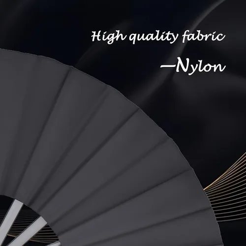 Vista 2 de Paquete de 4 ventiladores de mano plegables grandes, ventilador chino negro de Kung Fu Tai Chi, ventilador de tela de nailon para hombres y mujeres