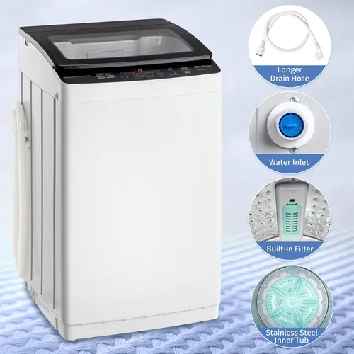 Vista 6 de Lavadora portátil de 3.0 pies cúbicos, lavadora de carga superior totalmente automática de 30 libras con tambor de acero inoxidable, 8 programas, 5