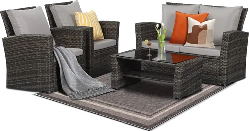 Vista 2 de Solaste Juego de muebles de patio de 4 piezas, sofá de conversación de patio, silla de mimbre con cojín, sofá de ratán tejido a mano para porche