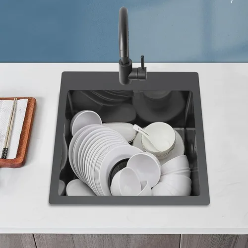 Vista 7 de Fregadero de cocina negro de acero inoxidable de 18 x 18 pulgadas, montaje superior, fregadero de cocina y bar, juego de fregadero de un solo tazón