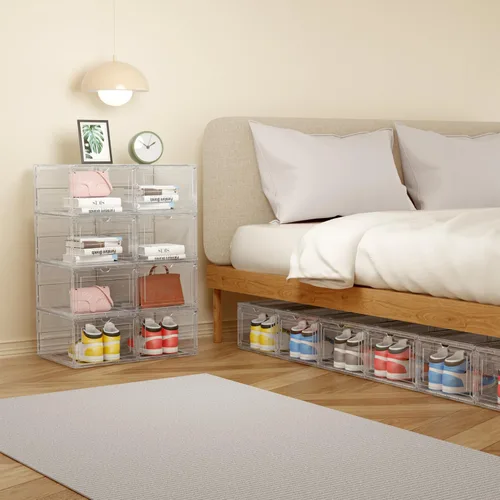 Vista 4 de Paquete de 5 cajas de almacenamiento transparentes extragrandes para zapatos, cajas de plástico apilables, material grueso, fácil de montar, ajuste