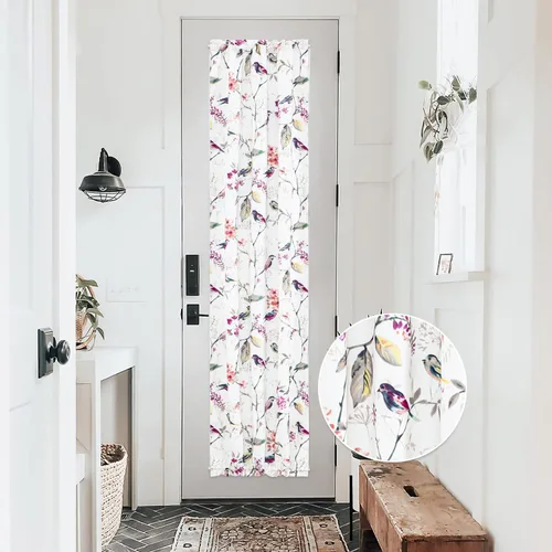 Vista 17 de VOGOL - Cortina decorativa con patrón de pájaros para puerta delantera, cortinas francesas de cocina con reducción de vista, 1 panel de lino