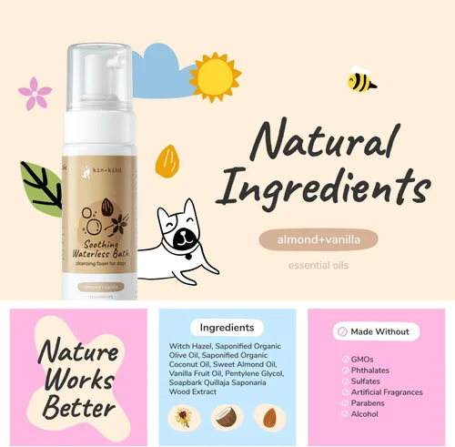 Vista 4 de kin+kind Champú seco sin agua para perros, sin enjuague, elimina la picazón y el olor, fórmula natural con hamamelis, aceite de coco, aceite