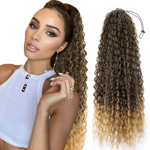 Vista 8 de Cola de caballo larga y rizada con cordón de 30 pulgadas, extensiones de cola de caballo sintéticas con clip, color negro para mujer, afro rizado
