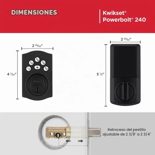 Vista 7 de Kwikset Powerbolt 240 - Cerradura de pestillo electrónica tradicional para puerta con teclado de 5 botones, color negro mate, con cómoda entrada sin