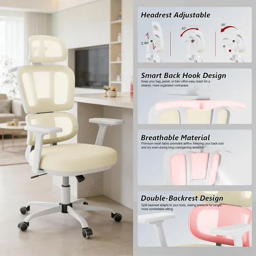 Vista 3 de Silla de oficina con respaldo alto, silla de escritorio de malla, silla ergonómica para computadora con reposacabezas, reposabrazos ajustables 3D