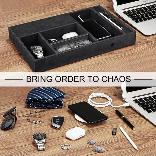 Vista 8 de SITHON Organizador de escritorio con 8 compartimentos, bandeja Catchall EDC de piel sintética, mesita de noche, organizador de almacenamiento