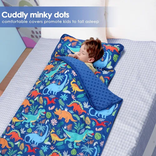 Vista 4 de Colchoneta portátil para siesta para niños con almohada extraíble y manta para niñas y niños, saco de dormir ligero extra grande para preescolar