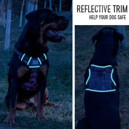 Vista 6 de Arnés táctico para perros medianos y grandes, camuflaje morado, control ajustable sin tirones con asa, chaleco reflectante resistente, talla M