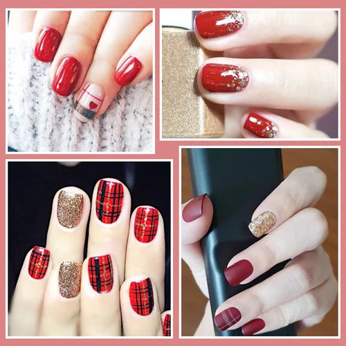 Vista 5 de 16 hojas de tiras de esmalte de uñas de color rojo a cuadros de color sólido para mujeres, calcomanías autoadhesivas de esmalte de uñas, tiras
