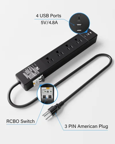 Vista 4 de GFCI - Regleta de alimentación con 4 salidas y 4 puertos USB (2 USB-C), cable de extensión resistente protegido contra sobretensiones de 6 pies Negro