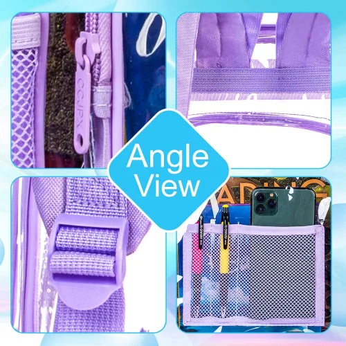 Vista 6 de Mochila transparente de 3 piezas, bolsa de libros transparente resistente, bolsa escolar de lentejuelas transparente, color morado