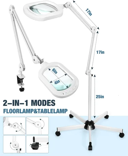Vista 11 de Lupa de 15X con luz y soporte, lámpara de pie rectangular grande con lente de vidrio óptico con 5 ruedas, 5 modos de color con luz LED, lupa manos