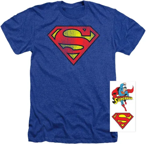 Vista 2 de Superman Classic Logo Distressed Heather Adult Unisex T-Shirt & Stickers