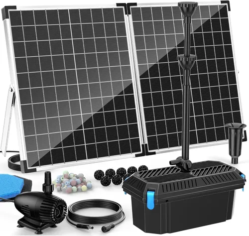 Vista 8 de Antfraer Kit de bomba de fuente solar de 12 W y filtro de estanque, sistema de filtración integrado con 4 boquillas, filtro de estanque de tubo