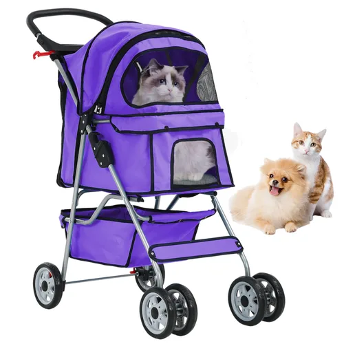 Vista 10 de Cochecito de perro de 4 ruedas, cochecito para mascotas, gatos, plegable, impermeable, con soporte para tazas y forro extraíble, cochecitos