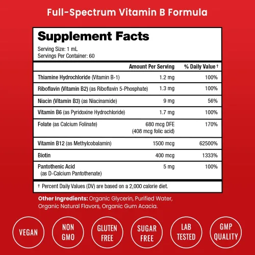 Vista 2 de Gotas líquidas orgánicas de complejo de vitamina B USDA Suplemento complejo de vitaminas B con gotas B1, B2, B3, B6, B7, B9 y metil B12