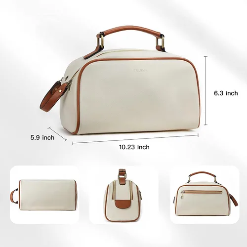Vista 4 de Telena Neceser de viaje para maquillaje y aseo para mujer; bolsas de cosméticos impermeables de PU de cuero vegano; organizador de aseo portátil