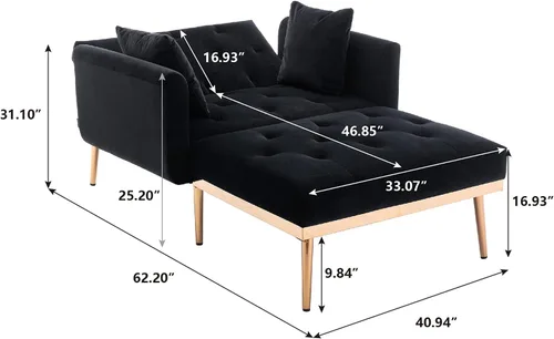 Vista 2 de Tumbona de terciopelo 2 en 1 para interiores, moderno sofá cama individual con dos almohadas, respaldo ajustable, silla reclinable convertible