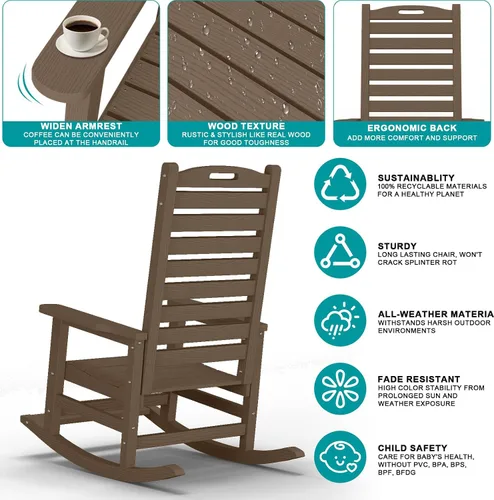 Vista 5 de PLUUV Silla mecedora de exterior con reposapiés extraíble para adultos, sillas mecedoras de patio de respaldo alto HDPE, sillas mecedoras de porche