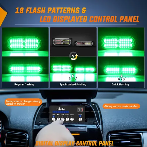 Vista 3 de Nilight 8 luces estroboscópicas LED con controlador 12 V 24 V función de sincronización verde luz de advertencia de peligro de emergencia 12 24 LED