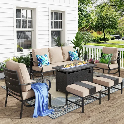 Vista 52 de MFSTUDIO Juego de 4 piezas de conversación para patio, marco de metal para todo tipo de clima, muebles de exterior con 1 mesa rectangular de propano