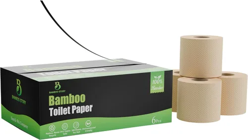 Vista 2 de Bamboo Story, Papel higiénico de bambú sin blanquear, 6 rollos, 3 capas y 350 hojas de papel higiénico de bambú, certificado FSC, biodegradable, sin