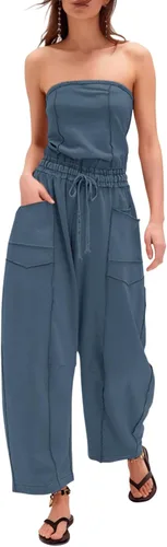 Vista 10 de Sexyasasii Overol casual sin tirantes para mujer, con hombros descubiertos, pantalones largos de pierna ancha con cordón y bolsillos