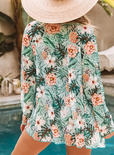 Vista 3 de Herseas Traje de baño de 3 piezas para mujer con estampado tropical push up bikini conjunto con kimono