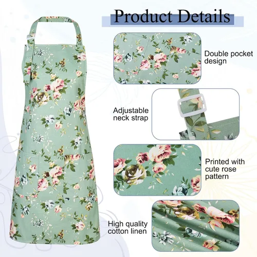 Vista 3 de Auidy_6TXD Paquete de 3 delantales florales para mujer, delantales de cocina ajustables con 2 bolsillos, delantal vintage con diseño floral de rosa