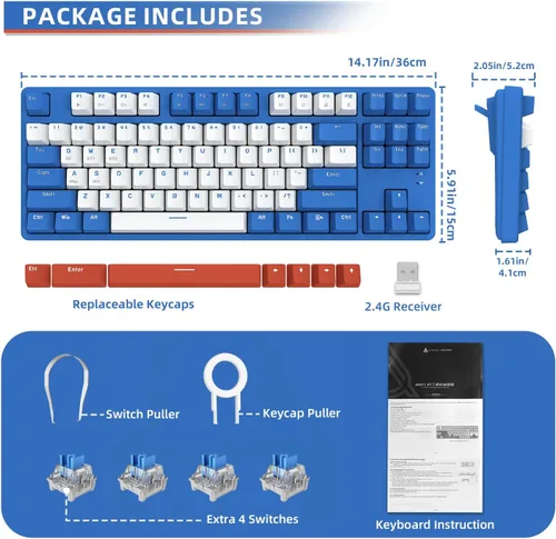Vista 9 de A.JAZZ - Teclado mecánico inalámbrico, 87 teclas TKL teclado Bluetooth intercambiable en caliente, modo dual BT5.02.4G con marco desmontable, teclas