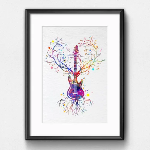 Vista 4 de Dignovel Studios 8X10 sin marco guitarra corazón vena amante de la música instrumento músico vieja escuela acuarela arte impresión póster arte pared
