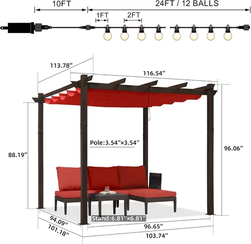 Vista 6 de PURPLE LEAF Pérgola Retráctil de 10' x 10' para Exteriores de Aluminio Blanco con Toldo de Sombra Solar para Patio Refugio Moderno Marrón