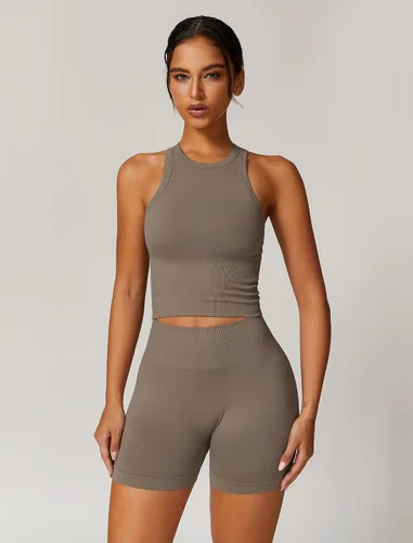 Vista 36 de Conjuntos de entrenamiento para mujer, 2 piezas, sin costuras, acanalada, sin mangas, brasier deportivo, cintura alta, pantalones cortos