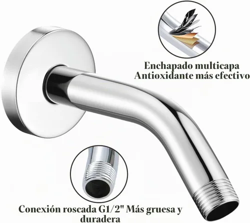 Vista 3 de Brazo de ducha Voolan con brida y cinta de teflón, brazo de extensión de cabezal de ducha para baño con ducha fija, acero inoxidable sólido, montado
