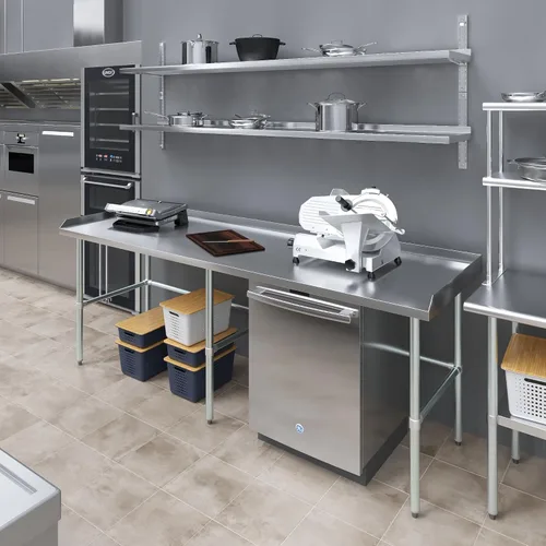 Vista 7 de AmGood Mesa de trabajo comercial con base abierta con salpicaduras y salpicaduras laterales, mesa de preparación de acero inoxidable para cocina