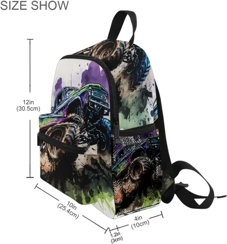Vista 4 de Vnurnrn Mochila para niños, impresionante camión monstruo, lindo y ligero para niños pequeños con ranura para etiqueta de nombre de silbato