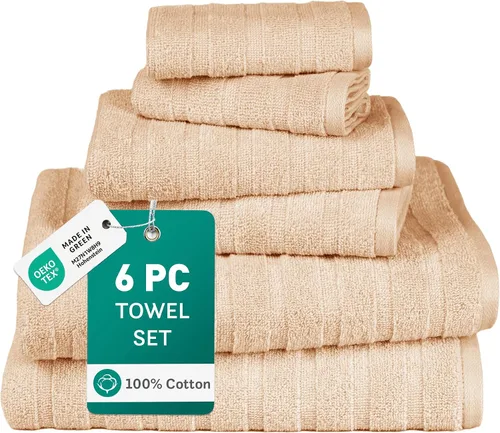 Vista 10 de TRIDENT Juego de 4 toallas de baño beige de secado rápido 100% algodón